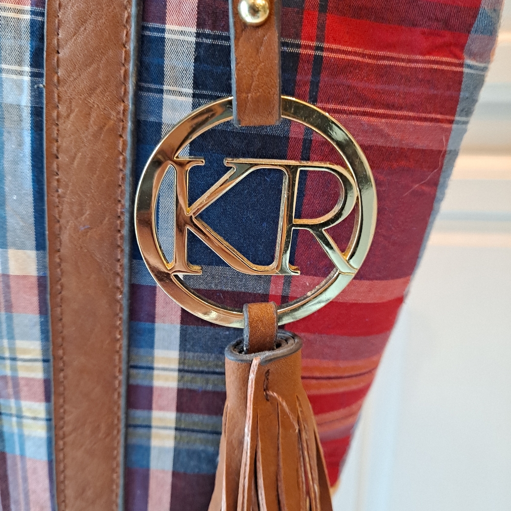 Kim Rogers Red & Blue Madras Plaid Tote with Brown Leather Trim - Picture 4 of 12